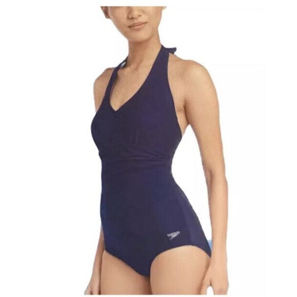 Speedo Women's One Piece Halter Swimsuit Swimwear‎ UPF 50 Peacoat Size Medium - Picture 1 of 10